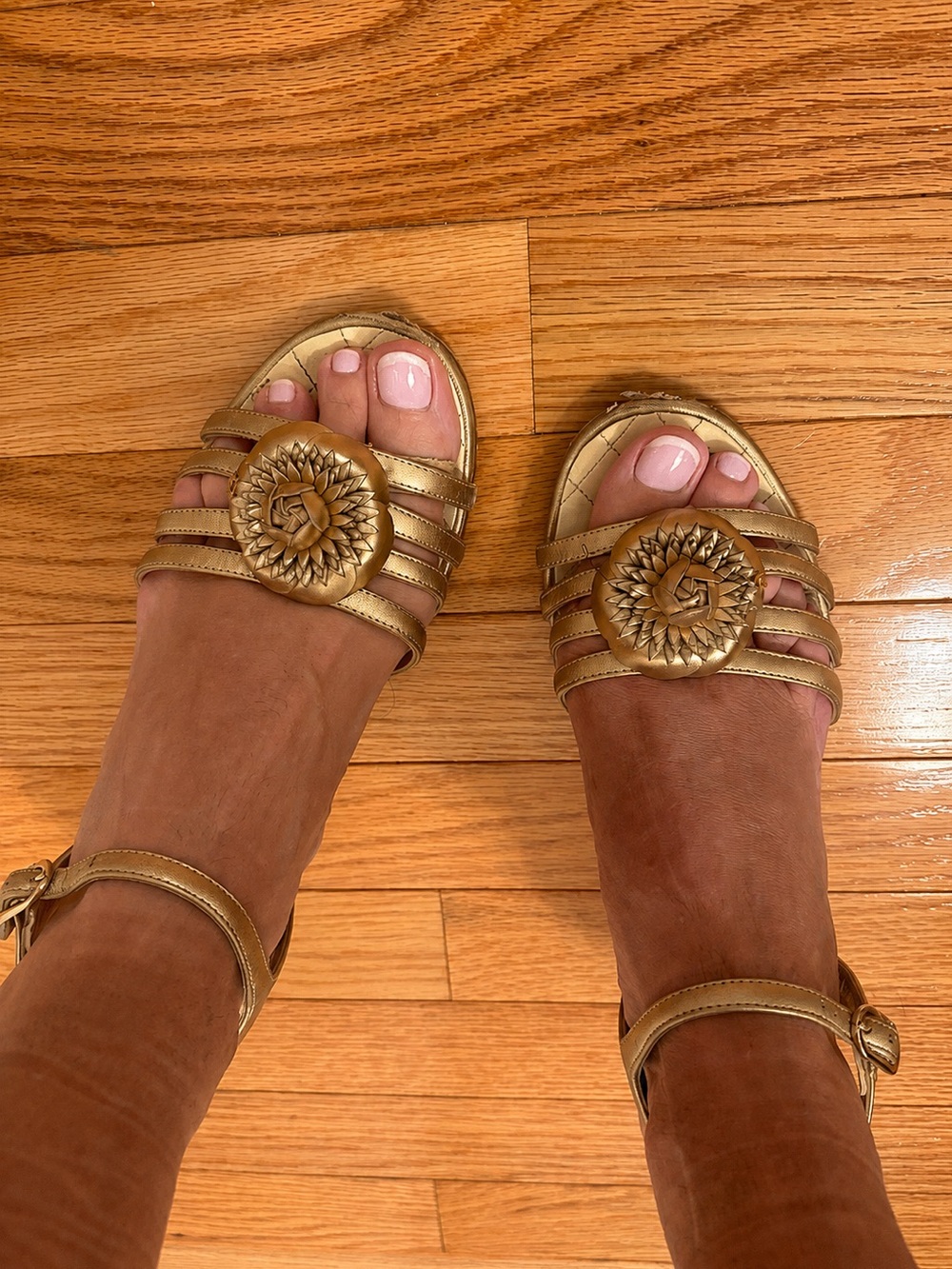CHANEL metallic gold Camellia leather sandals with ankle - 39 Used